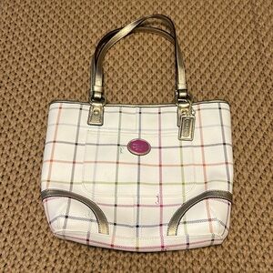 Coach Heritage Cream Multicolor Leather Tattersall Tote